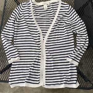 L.O.G.G. H&M 3/4 sleeved white with blue stripes 100% cotton cardigan sweater